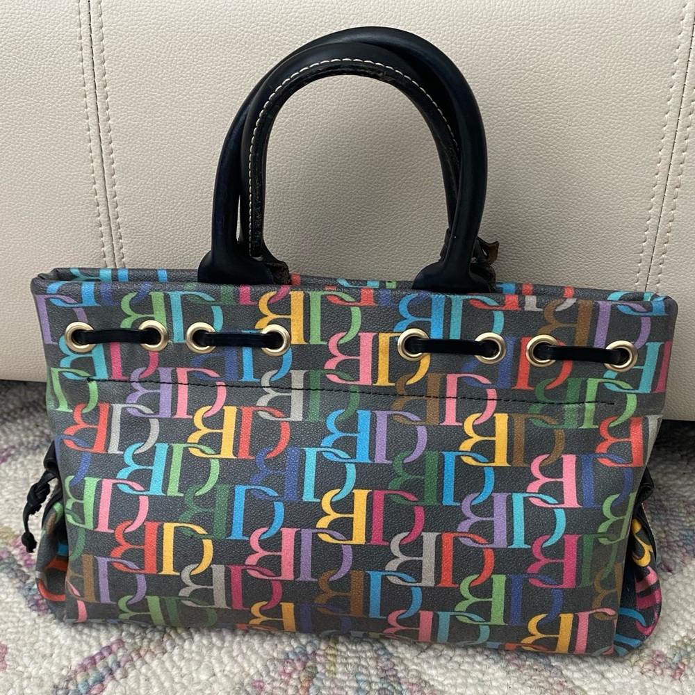 Dooney & Bourke Multicolor DB Monogram Drawstring Bag Canvas Leather Trim Y2K - Picture 2 of 14